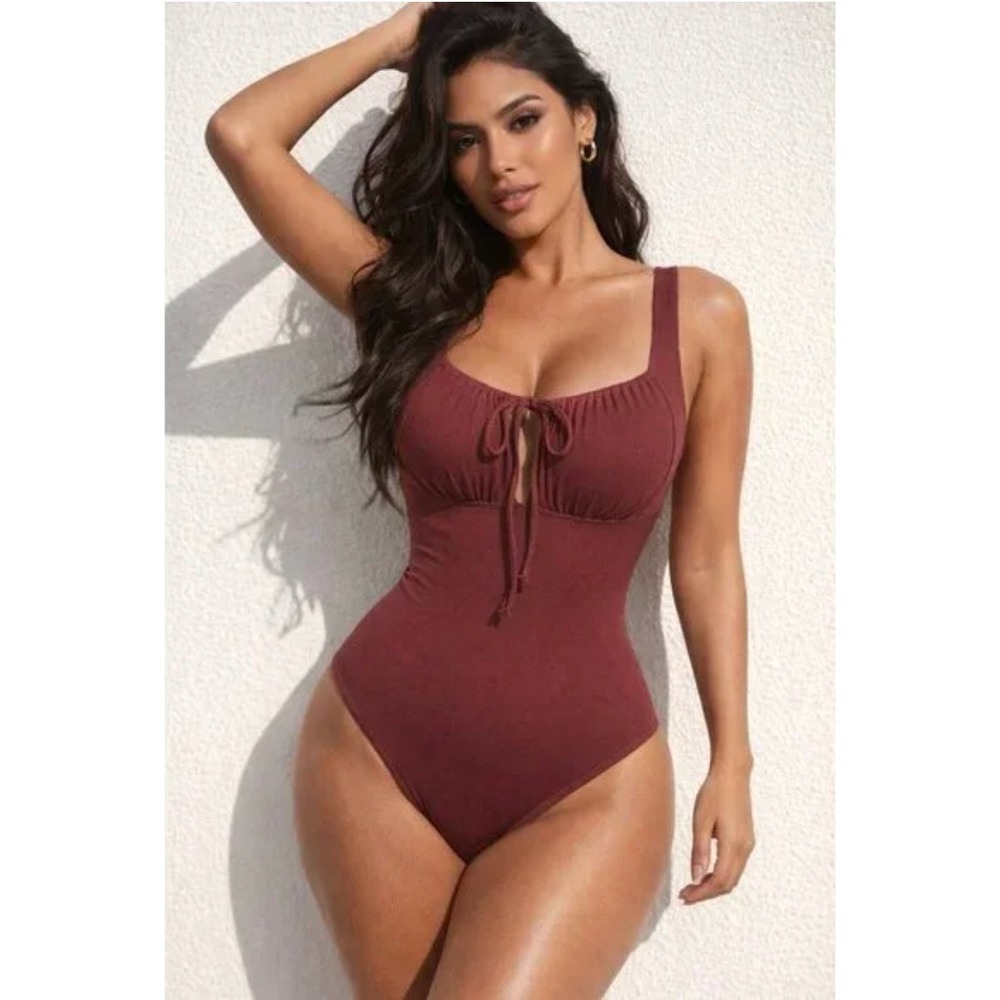 BERLOOK Ribbed Ruched Tie Front One Piece Swimsuit Deep Rose XL Recycled Nylon